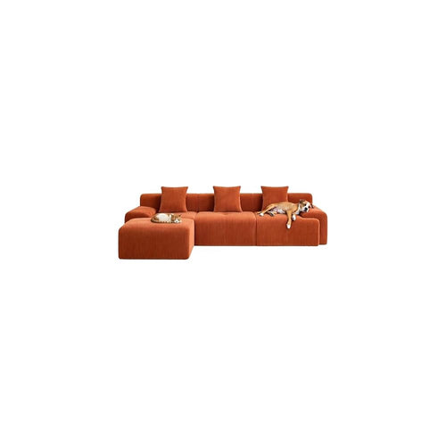 118.1" Modular Sectional Cloud Sofa, L-Shaped Modular Sofa with Ottoman, Deep Seat Corduroy Sectional Couch Bed, Convertible Tufted Boneless Sofa, No Assembly Required for Living Room, Orange