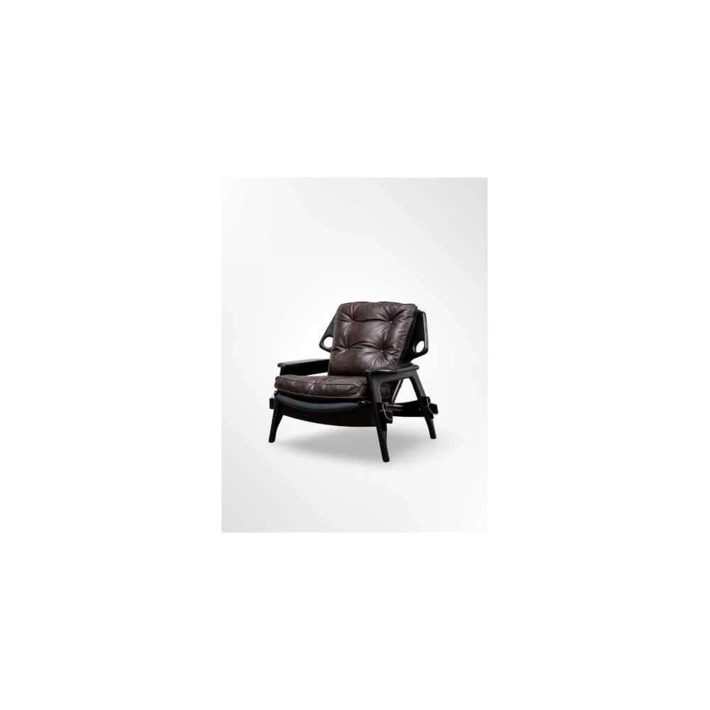 Brown Leather Lounge Chair with Black Wood Frame, Tufted Accent Armchair