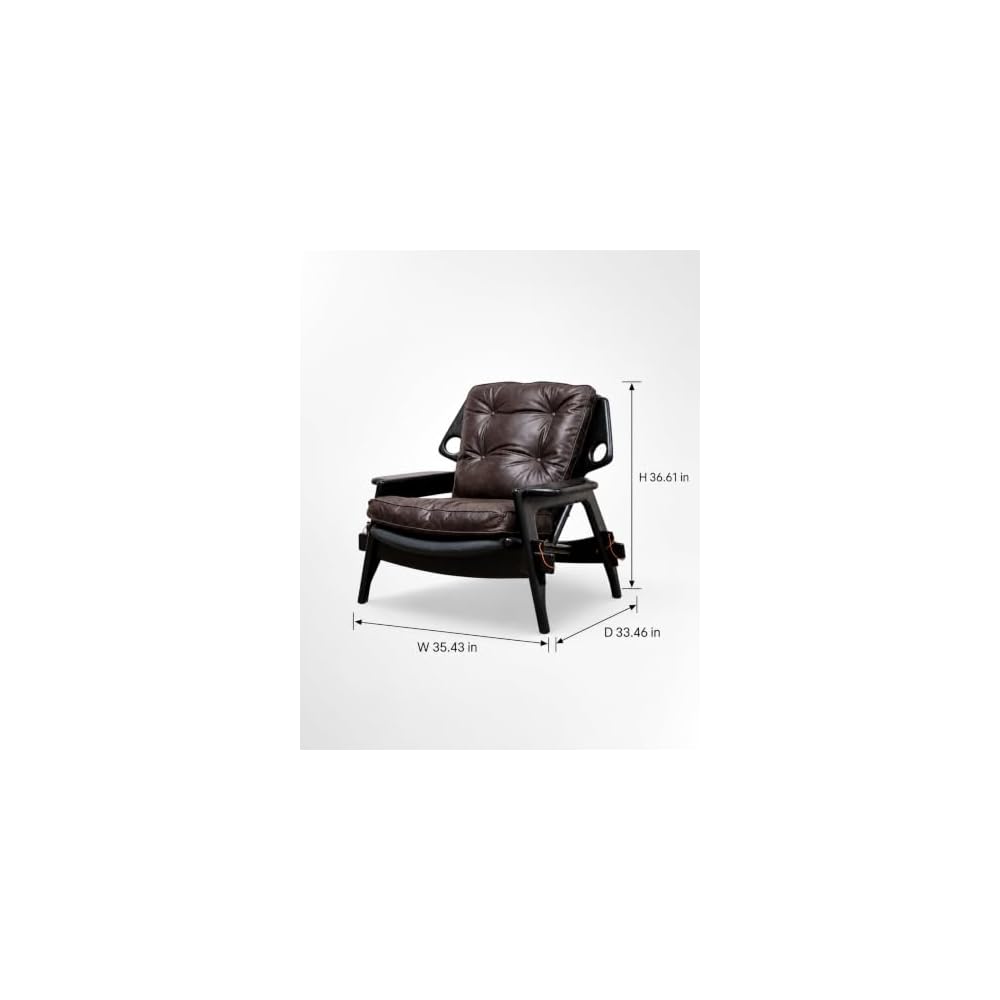 Brown Leather Lounge Chair with Black Wood Frame, Tufted Accent Armchair