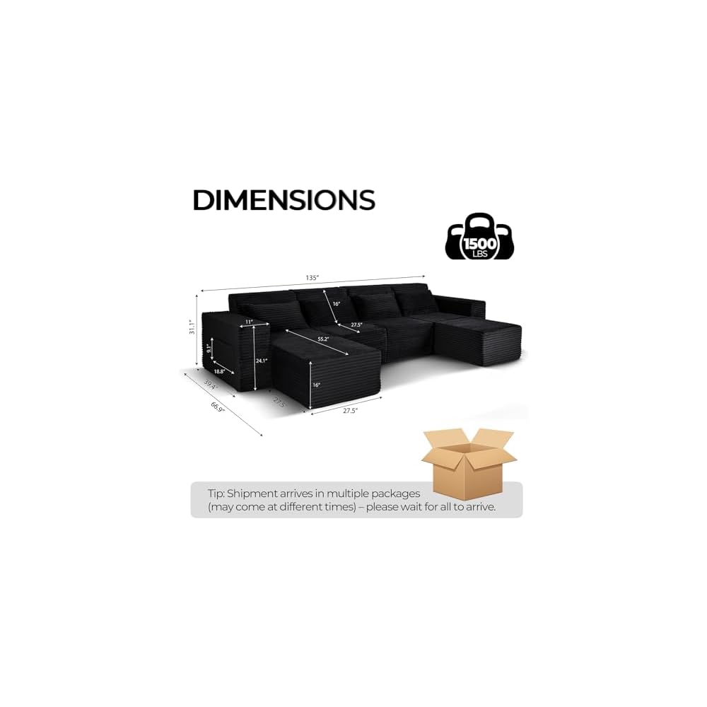 135" Boneless Couch w Deep Seat, Modular U-Shaped Sectional Sofa, Oversized 4-Seater Full-Foam Cloud Couch for Living Room, Compressed Sofa with Movable Ottoman, No Assembly Required, Black Corduroy