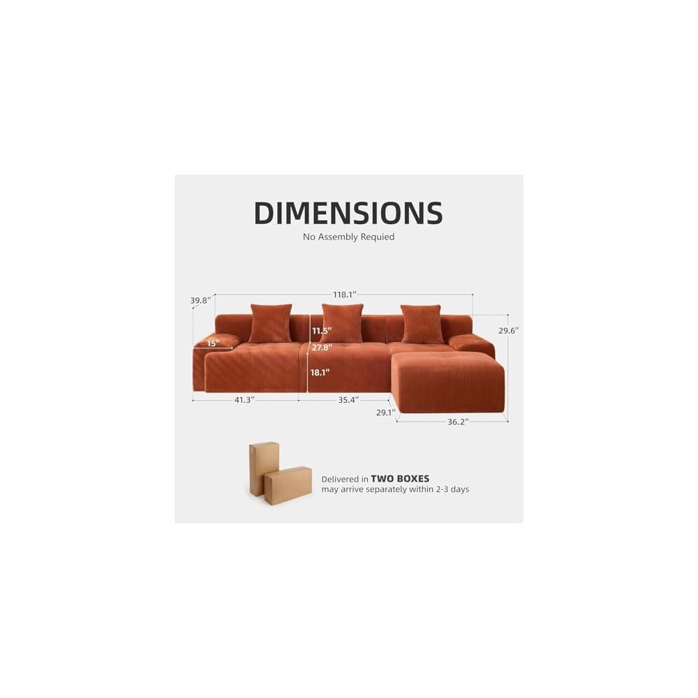 118.1" Modular Sectional Cloud Sofa, L-Shaped Modular Sofa with Ottoman, Deep Seat Corduroy Sectional Couch Bed, Convertible Tufted Boneless Sofa, No Assembly Required for Living Room, Orange