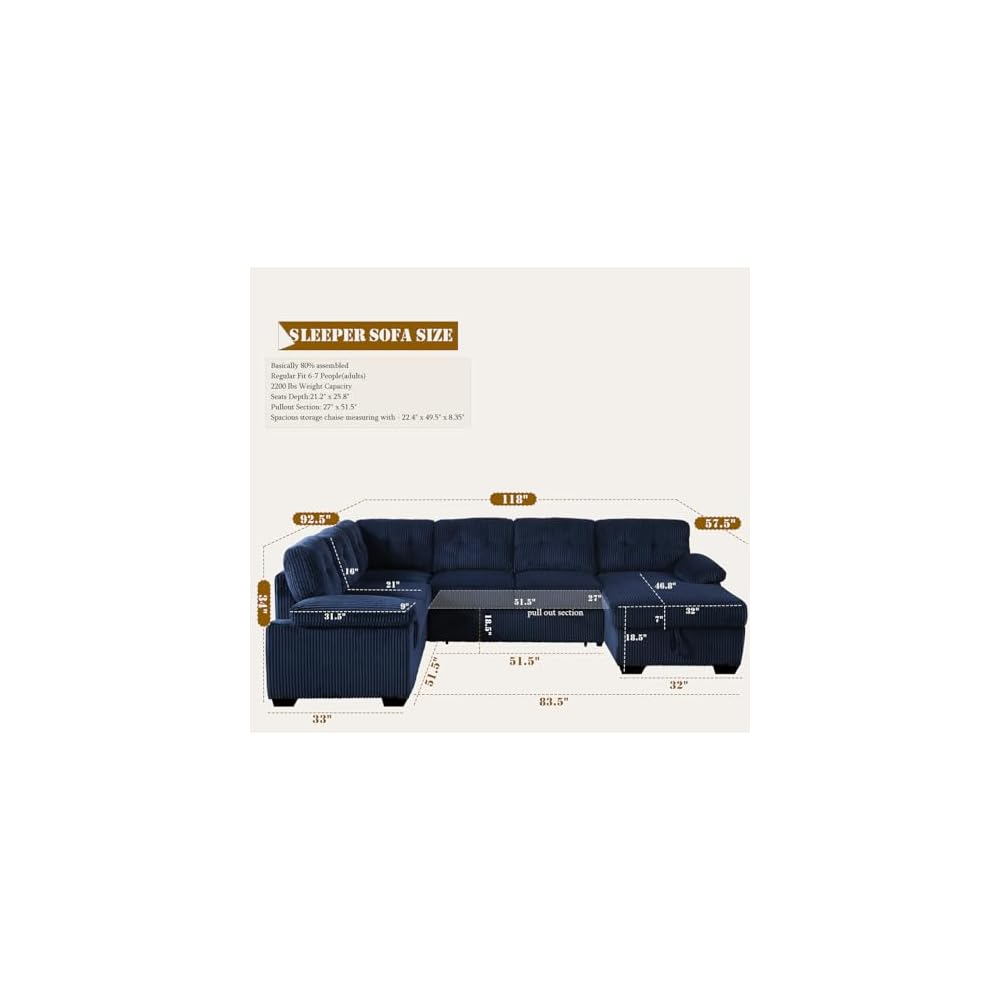 asunflower Corduroy Couch with Pull Out Bed 118" U Shaped Sleeper Sofa with Storage Chaise Navy Blue Modular Sectional Sofa for Living Room Apartment 6-7 Seater Oversized Sofa Bed