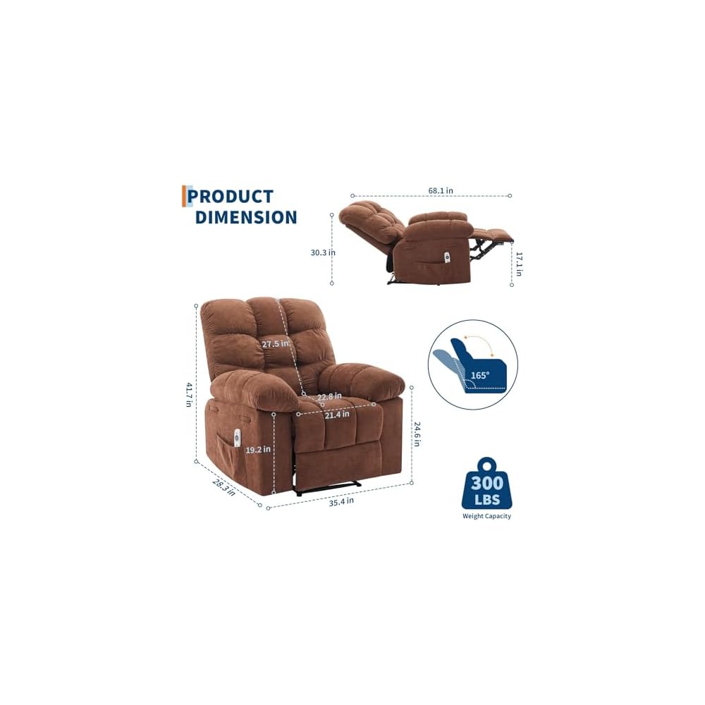 Overstuffed Recliner Rocking Chair with Massage & Heat, Manual Recline with 21.3'' Wide High-Back Linen Armchair, Remote Control, Dual Side Pockets, for Living Room or Bedroom, Brown