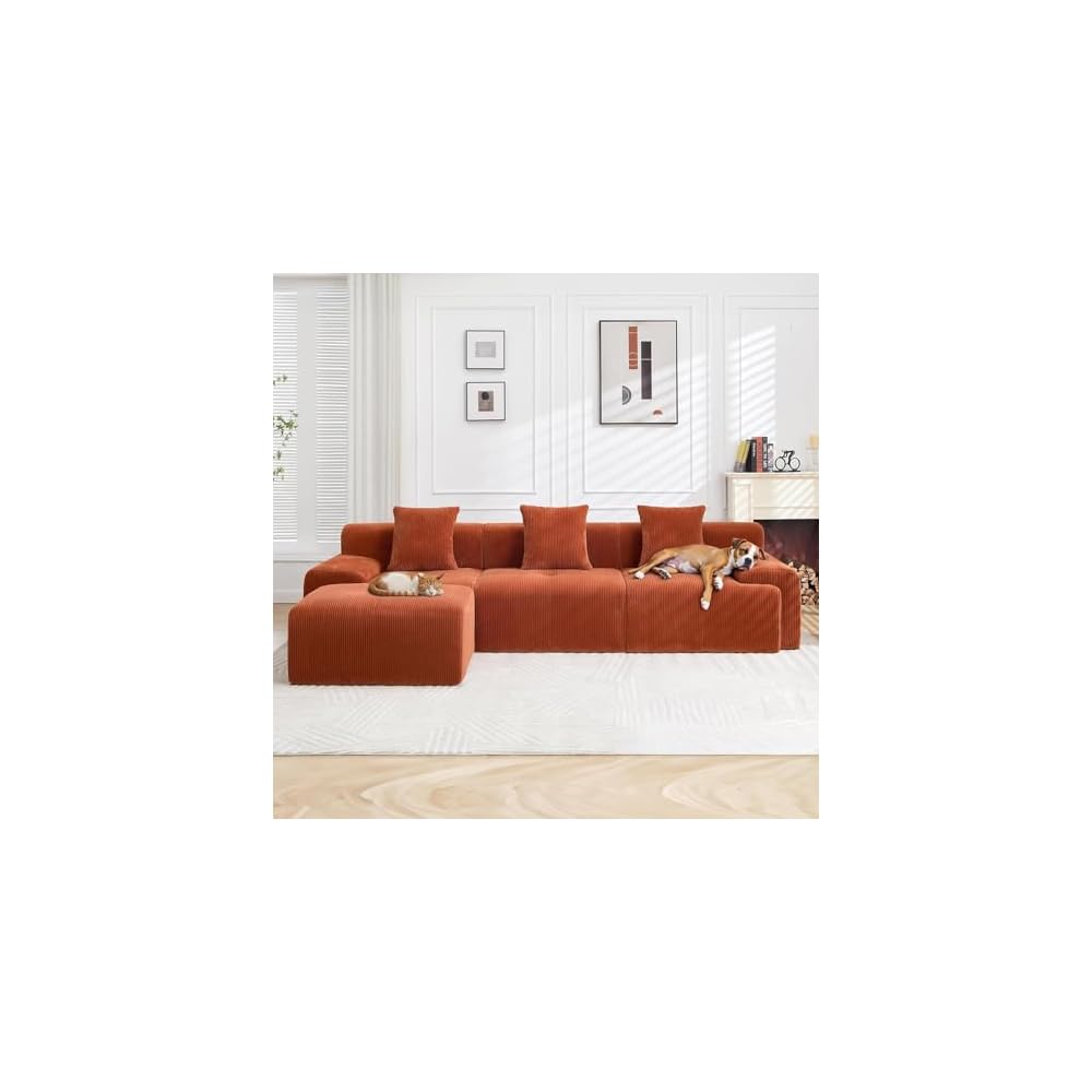 118.1" Modular Sectional Cloud Sofa, L-Shaped Modular Sofa with Ottoman, Deep Seat Corduroy Sectional Couch Bed, Convertible Tufted Boneless Sofa, No Assembly Required for Living Room, Orange