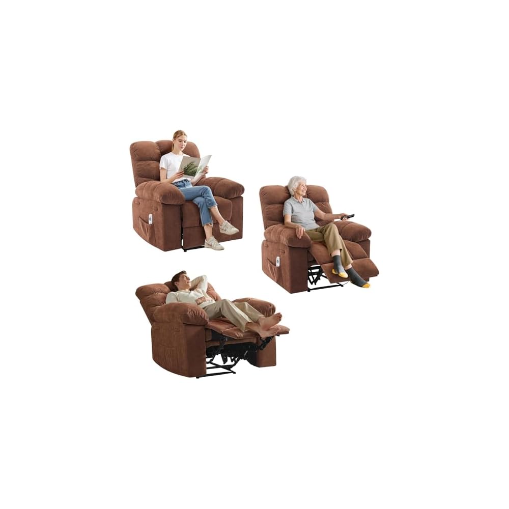 Overstuffed Recliner Rocking Chair with Massage & Heat, Manual Recline with 21.3'' Wide High-Back Linen Armchair, Remote Control, Dual Side Pockets, for Living Room or Bedroom, Brown