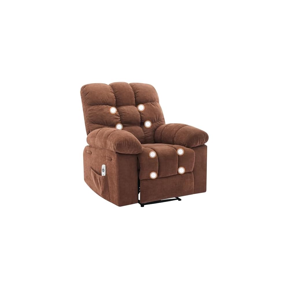 Overstuffed Recliner Rocking Chair with Massage & Heat, Manual Recline with 21.3'' Wide High-Back Linen Armchair, Remote Control, Dual Side Pockets, for Living Room or Bedroom, Brown