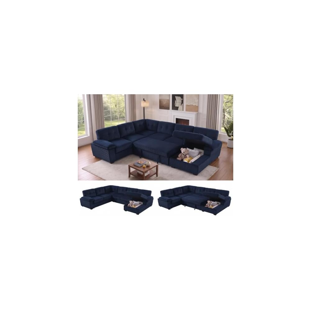 asunflower Corduroy Couch with Pull Out Bed 118" U Shaped Sleeper Sofa with Storage Chaise Navy Blue Modular Sectional Sofa for Living Room Apartment 6-7 Seater Oversized Sofa Bed