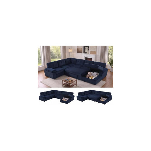 asunflower Corduroy Couch with Pull Out Bed 118" U Shaped Sleeper Sofa with Storage Chaise Navy Blue Modular Sectional Sofa for Living Room Apartment 6-7 Seater Oversized Sofa Bed