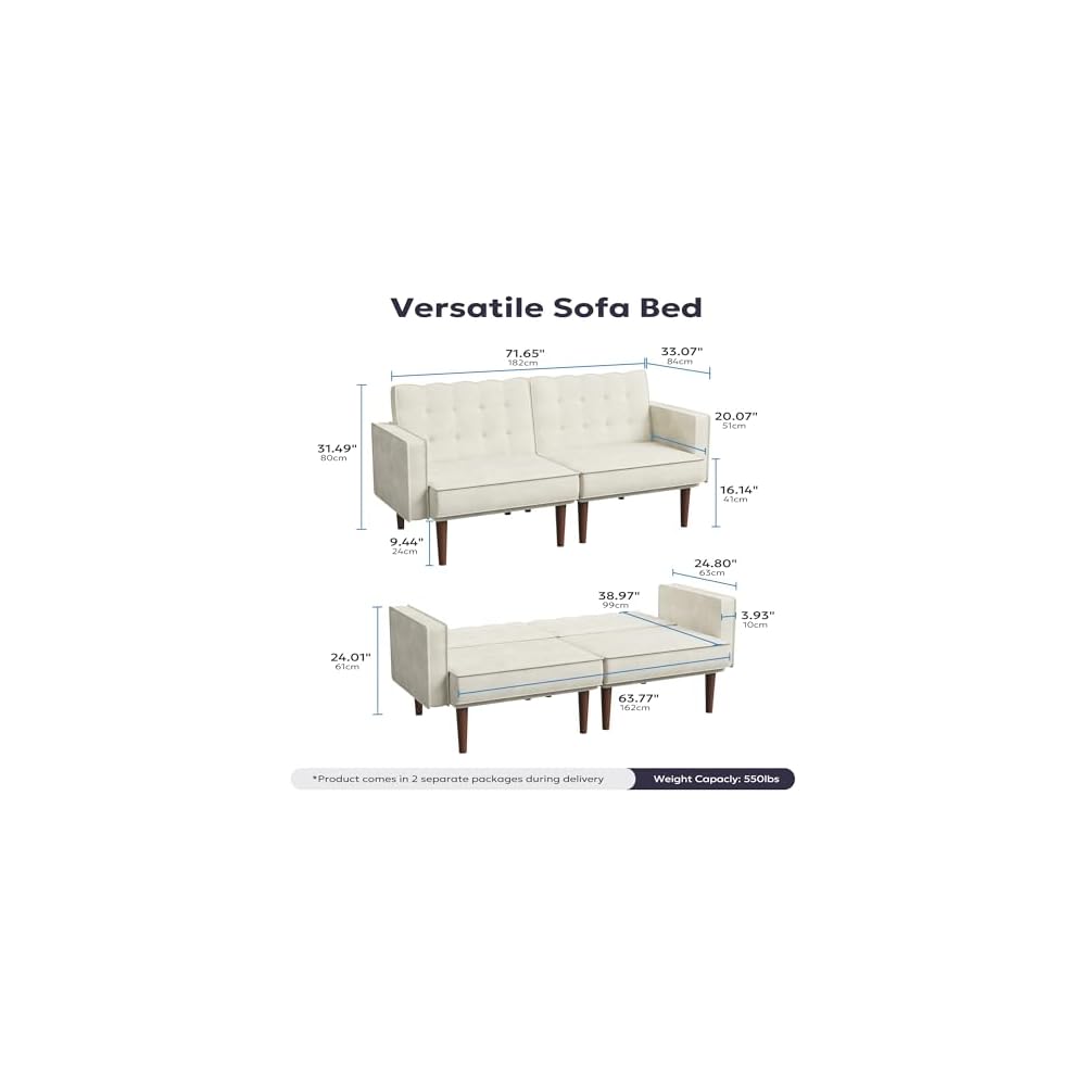 Furnify 71" Velvet Futon Sofa Bed, Versatile Loveseat Couch, Sleeper Sofa with Adjustable Backrest, Mid Century Modern Futon Couch for Small Space, Living Room, Office & Apartment, Velvet Fabric Beige