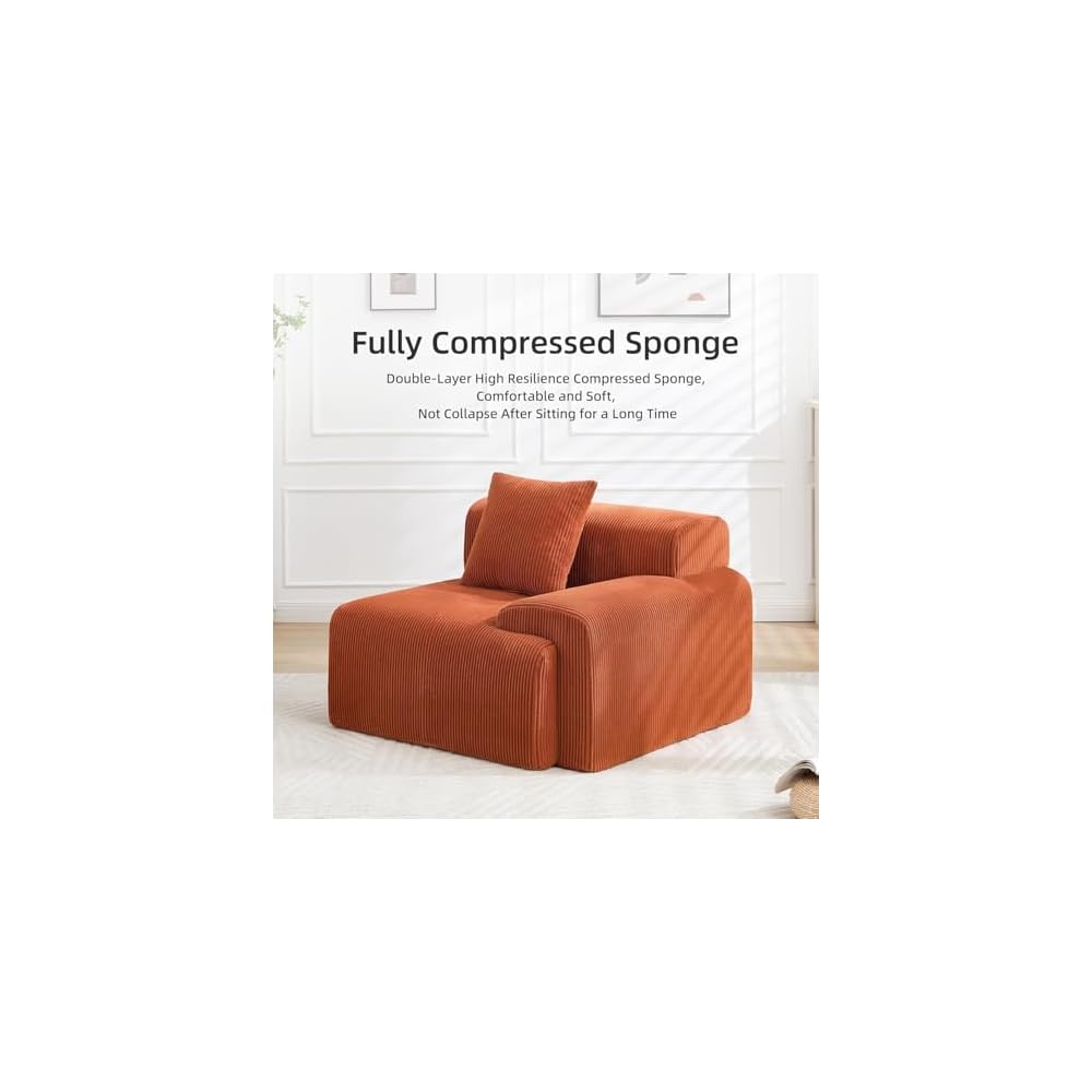 118.1" Modular Sectional Cloud Sofa, L-Shaped Modular Sofa with Ottoman, Deep Seat Corduroy Sectional Couch Bed, Convertible Tufted Boneless Sofa, No Assembly Required for Living Room, Orange