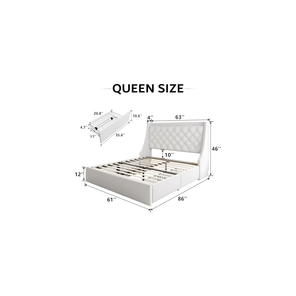 iPormis Queen Bed Frame with 4 Storage Drawers, Upholstered Platform Bed Frame with Type-C & USB Ports, Wingback Storage Headboard, Solid Wood Slats, No Box Spring Needed, White