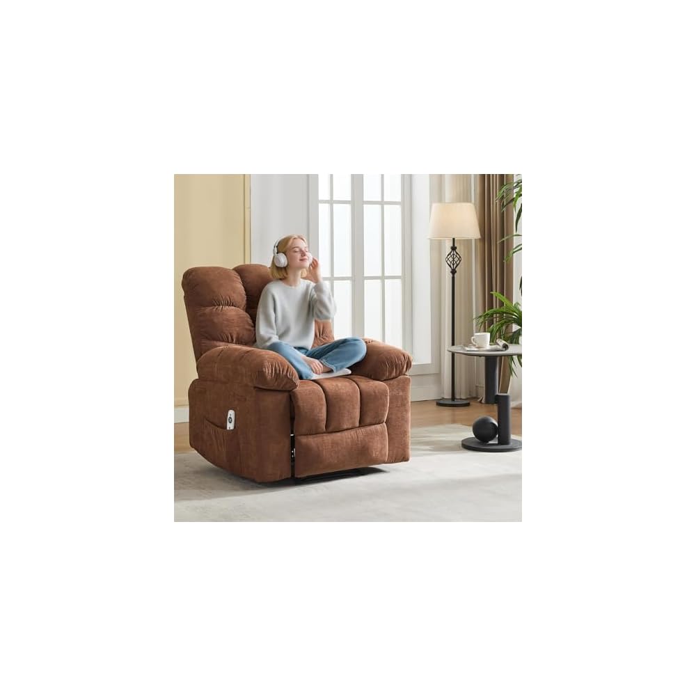 Overstuffed Recliner Rocking Chair with Massage & Heat, Manual Recline with 21.3'' Wide High-Back Linen Armchair, Remote Control, Dual Side Pockets, for Living Room or Bedroom, Brown