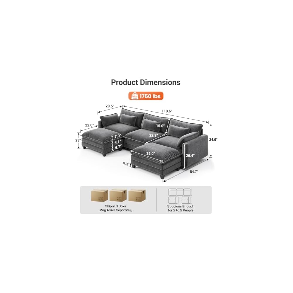 Pipishell 110.6" Modular Sectional Sofa, U Shaped Cloud Couch, Gray
