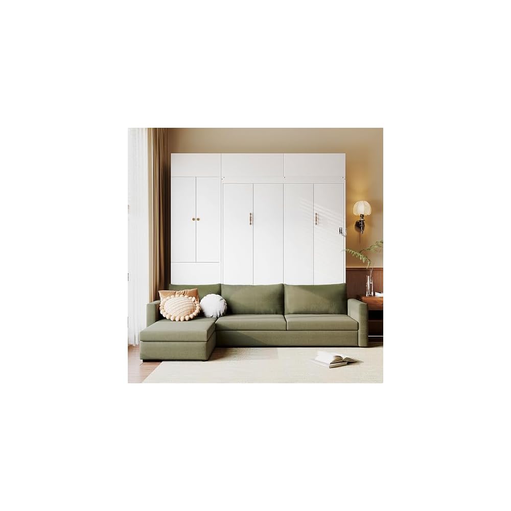 Ball & Cast Wall Bed Queen Size with Sofa and Shelves,Multi-Functional Hideaway Murphy Bed w/Teddy Fleece Couches & Dual-Piston Metal Folding System Cabinet,Lock,Space Saving for Bedroom,Green