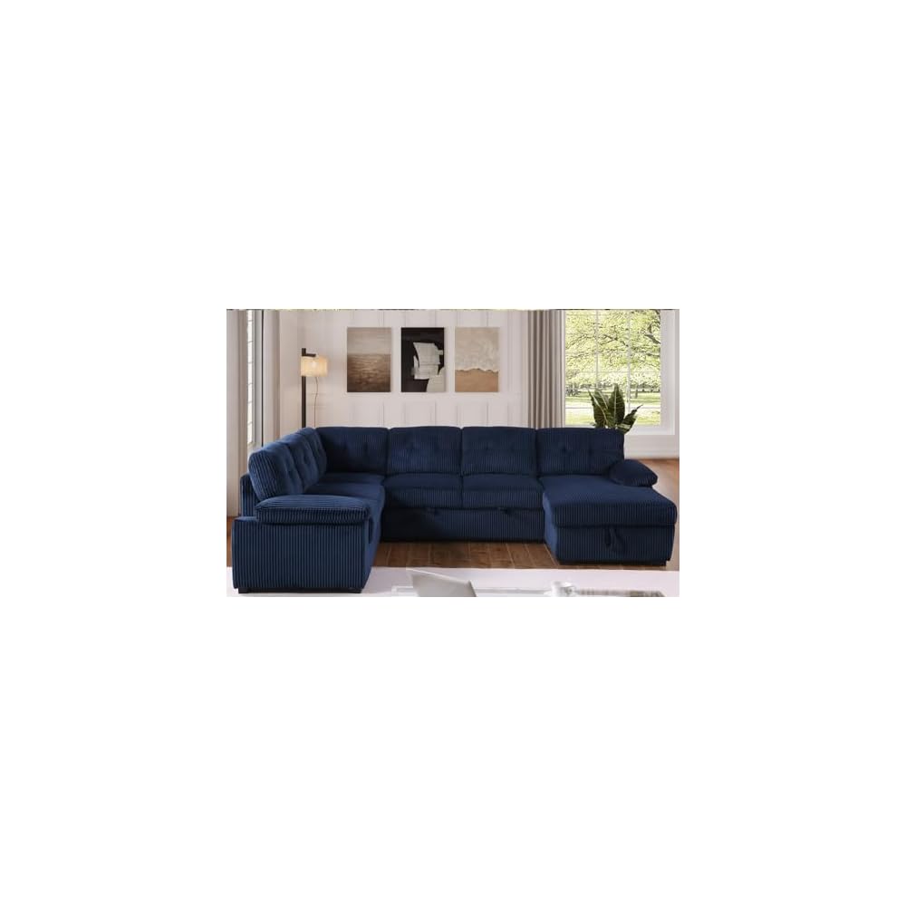 asunflower Corduroy Couch with Pull Out Bed 118" U Shaped Sleeper Sofa with Storage Chaise Navy Blue Modular Sectional Sofa for Living Room Apartment 6-7 Seater Oversized Sofa Bed