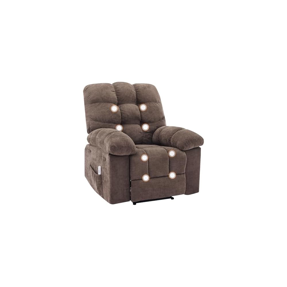 Overstuffed Recliner Rocking Chair with Massage & Heat, Manual Recline with 21.3'' Wide High-Back Linen Armchair, Remote Control, Dual Side Pockets, for Living Room or Bedroom, Brown