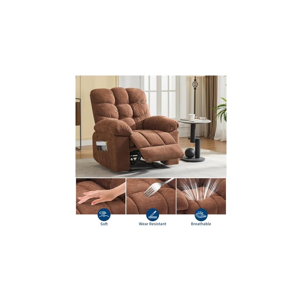 Overstuffed Recliner Rocking Chair with Massage & Heat, Manual Recline with 21.3'' Wide High-Back Linen Armchair, Remote Control, Dual Side Pockets, for Living Room or Bedroom, Brown