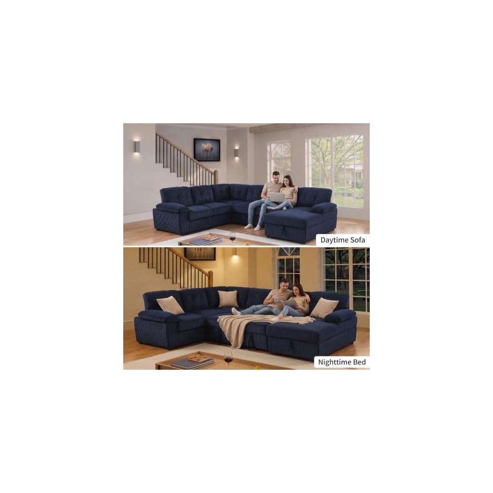 asunflower Corduroy Couch with Pull Out Bed 118" U Shaped Sleeper Sofa with Storage Chaise Navy Blue Modular Sectional Sofa for Living Room Apartment 6-7 Seater Oversized Sofa Bed