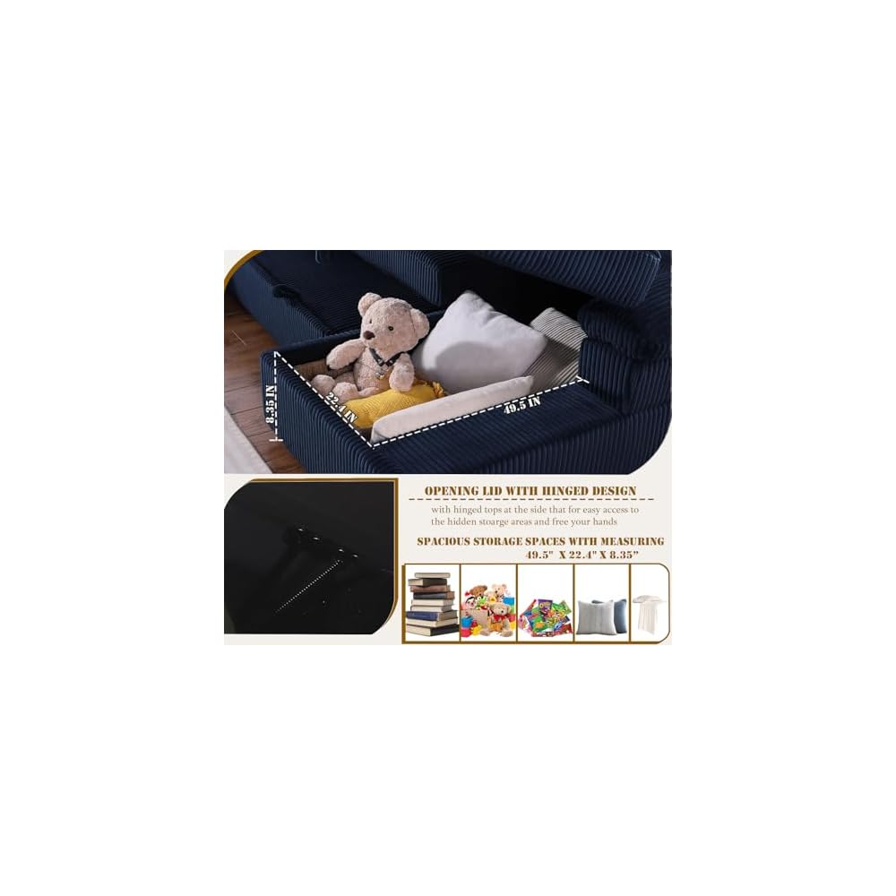 asunflower Corduroy Couch with Pull Out Bed 118" U Shaped Sleeper Sofa with Storage Chaise Navy Blue Modular Sectional Sofa for Living Room Apartment 6-7 Seater Oversized Sofa Bed