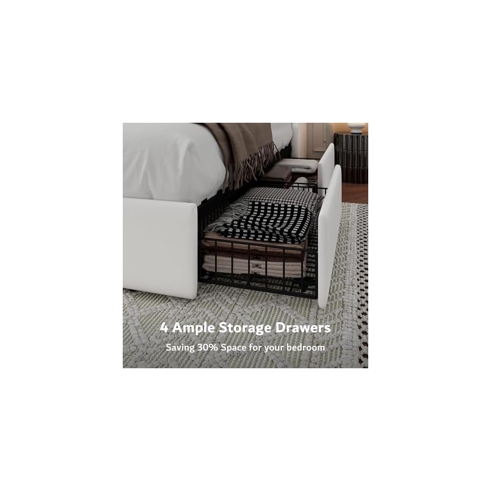 iPormis Queen Bed Frame with 4 Storage Drawers, Upholstered Platform Bed Frame with Type-C & USB Ports, Wingback Storage Headboard, Solid Wood Slats, No Box Spring Needed, White
