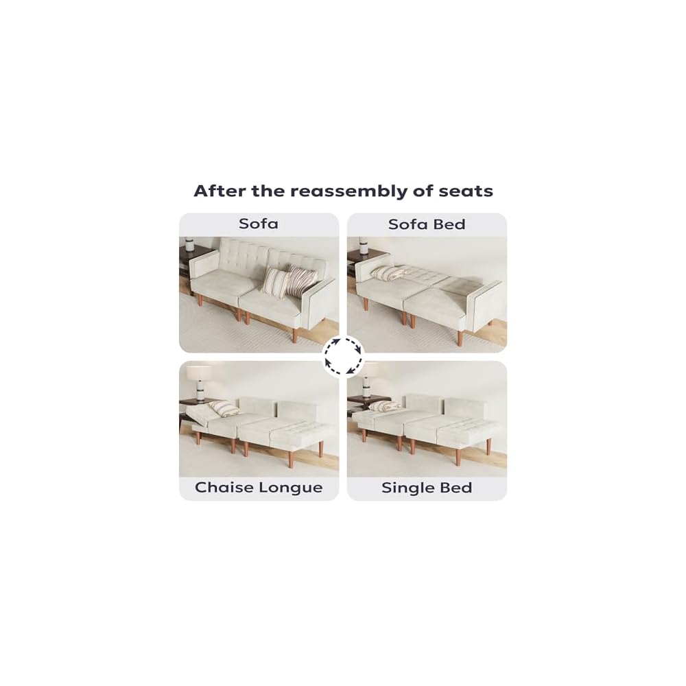 Furnify 71" Velvet Futon Sofa Bed, Versatile Loveseat Couch, Sleeper Sofa with Adjustable Backrest, Mid Century Modern Futon Couch for Small Space, Living Room, Office & Apartment, Velvet Fabric Beige