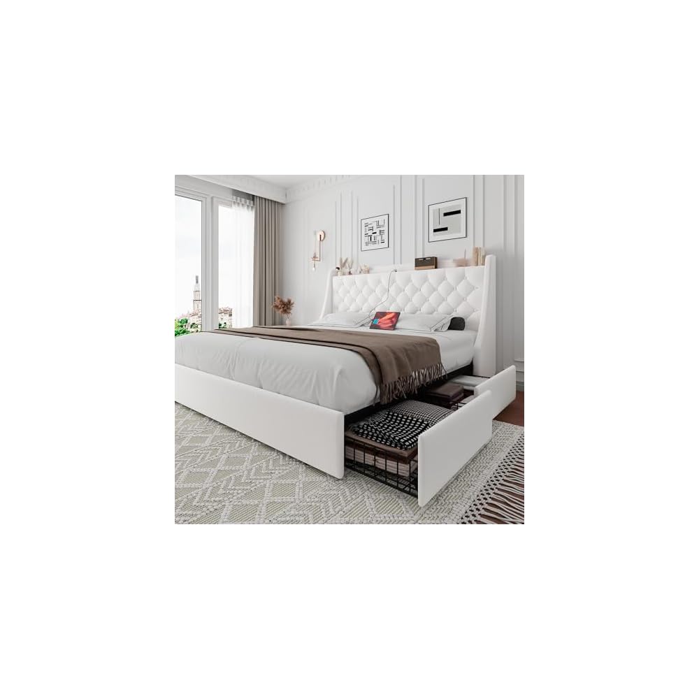 iPormis Queen Bed Frame with 4 Storage Drawers, Upholstered Platform Bed Frame with Type-C & USB Ports, Wingback Storage Headboard, Solid Wood Slats, No Box Spring Needed, White