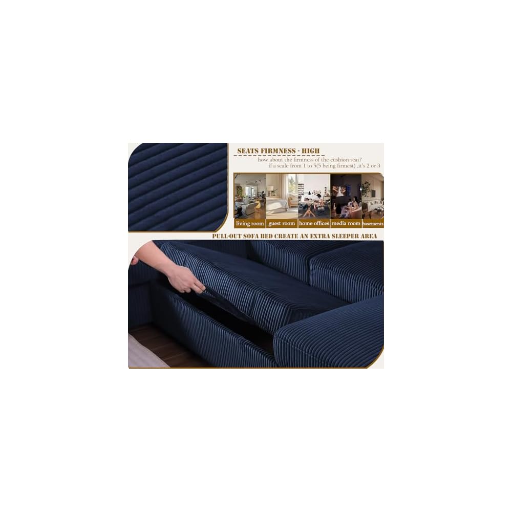 asunflower Corduroy Couch with Pull Out Bed 118" U Shaped Sleeper Sofa with Storage Chaise Navy Blue Modular Sectional Sofa for Living Room Apartment 6-7 Seater Oversized Sofa Bed