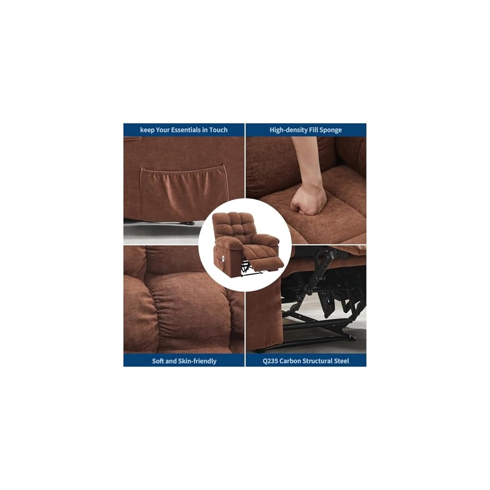 Overstuffed Recliner Rocking Chair with Massage & Heat, Manual Recline with 21.3'' Wide High-Back Linen Armchair, Remote Control, Dual Side Pockets, for Living Room or Bedroom, Brown