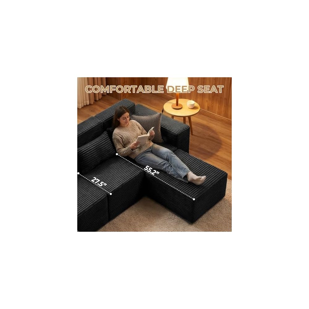 135" Boneless Couch w Deep Seat, Modular U-Shaped Sectional Sofa, Oversized 4-Seater Full-Foam Cloud Couch for Living Room, Compressed Sofa with Movable Ottoman, No Assembly Required, Black Corduroy