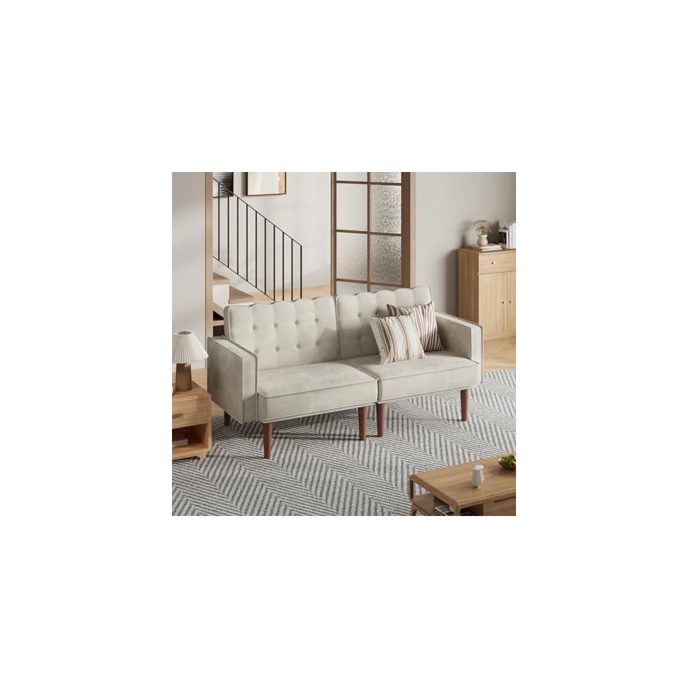 Furnify 71" Velvet Futon Sofa Bed, Versatile Loveseat Couch, Sleeper Sofa with Adjustable Backrest, Mid Century Modern Futon Couch for Small Space, Living Room, Office & Apartment, Velvet Fabric Beige