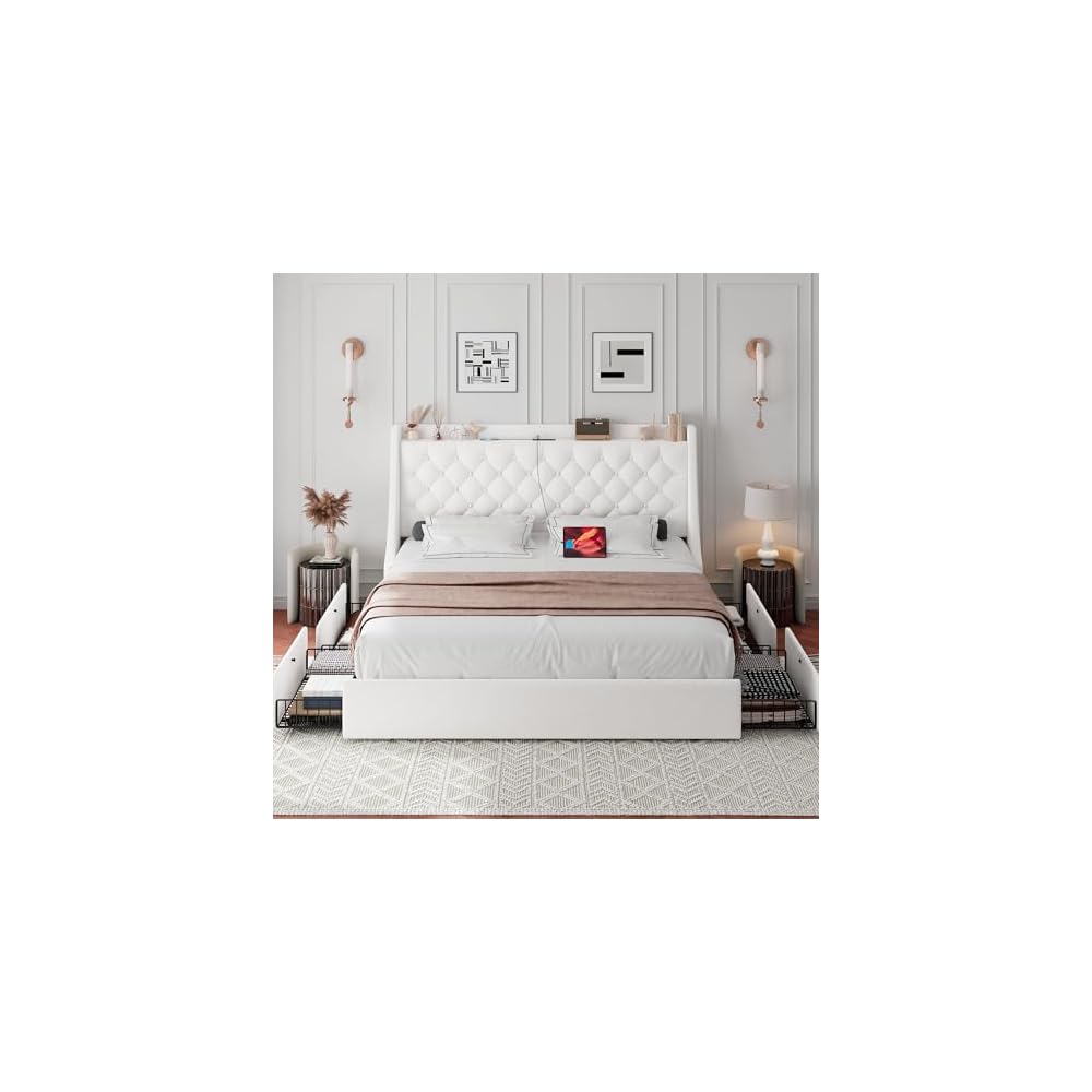 iPormis Queen Bed Frame with 4 Storage Drawers, Upholstered Platform Bed Frame with Type-C & USB Ports, Wingback Storage Headboard, Solid Wood Slats, No Box Spring Needed, White
