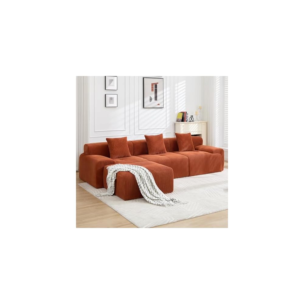 118.1" Modular Sectional Cloud Sofa, L-Shaped Modular Sofa with Ottoman, Deep Seat Corduroy Sectional Couch Bed, Convertible Tufted Boneless Sofa, No Assembly Required for Living Room, Orange