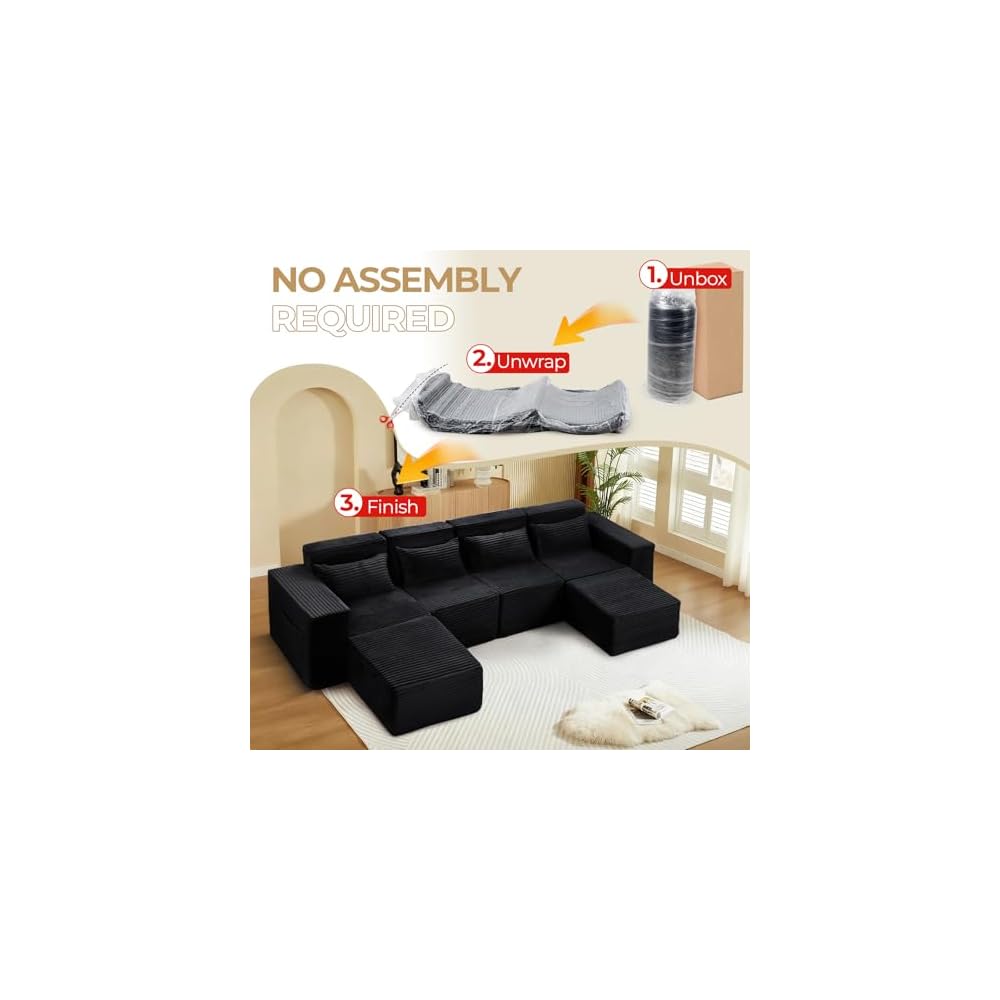 135" Boneless Couch w Deep Seat, Modular U-Shaped Sectional Sofa, Oversized 4-Seater Full-Foam Cloud Couch for Living Room, Compressed Sofa with Movable Ottoman, No Assembly Required, Black Corduroy