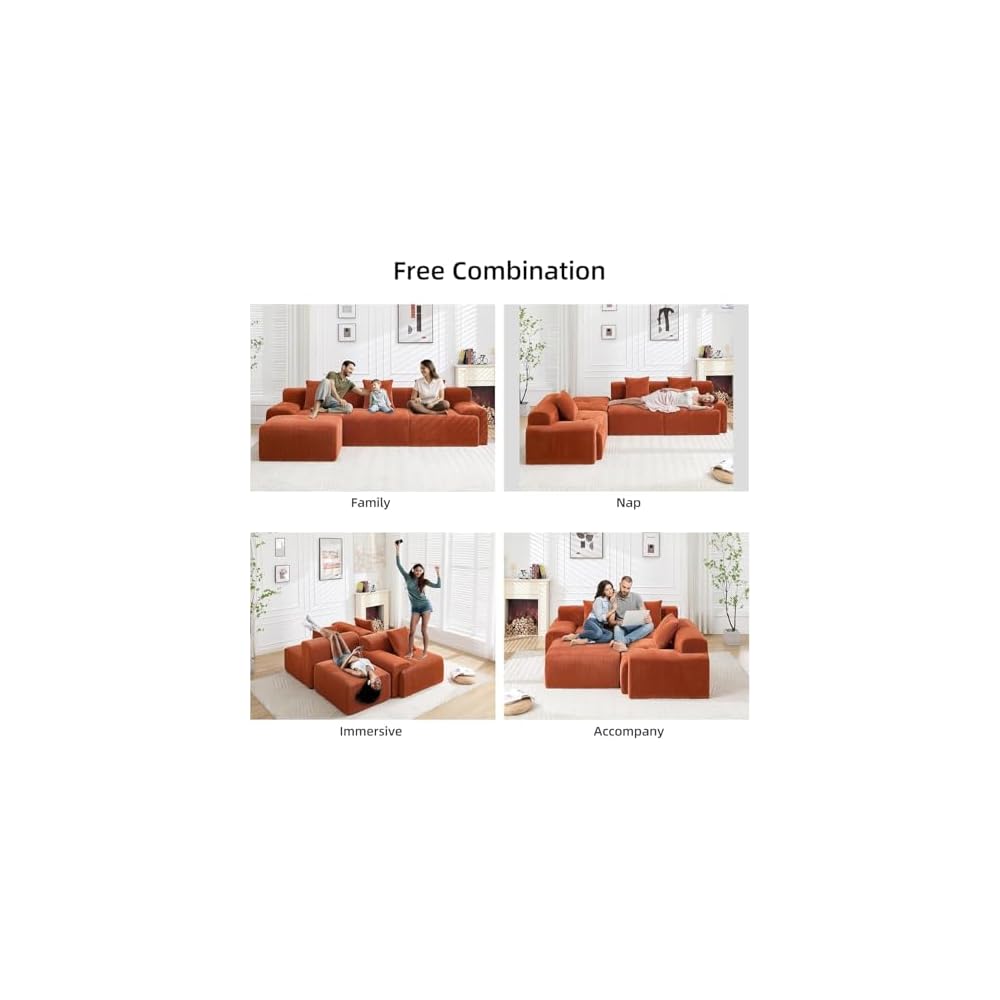 118.1" Modular Sectional Cloud Sofa, L-Shaped Modular Sofa with Ottoman, Deep Seat Corduroy Sectional Couch Bed, Convertible Tufted Boneless Sofa, No Assembly Required for Living Room, Orange