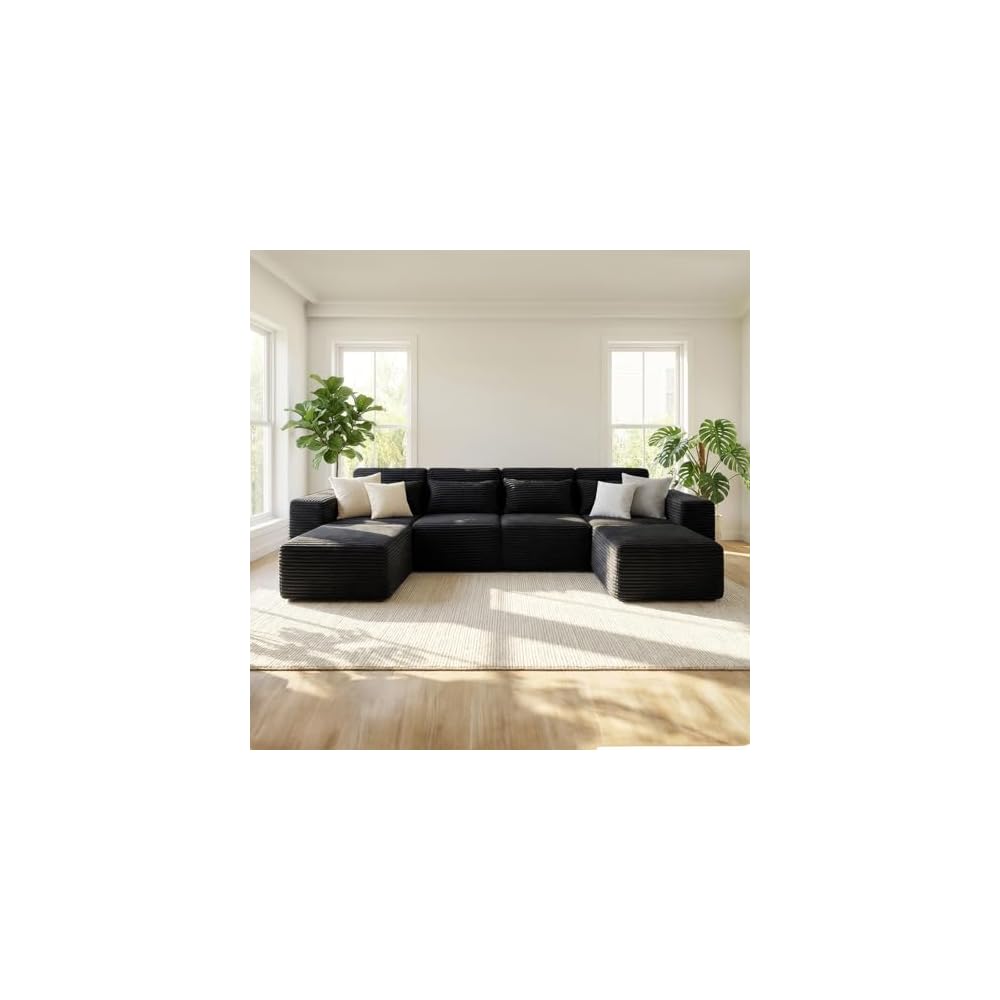 135" Boneless Couch w Deep Seat, Modular U-Shaped Sectional Sofa, Oversized 4-Seater Full-Foam Cloud Couch for Living Room, Compressed Sofa with Movable Ottoman, No Assembly Required, Black Corduroy