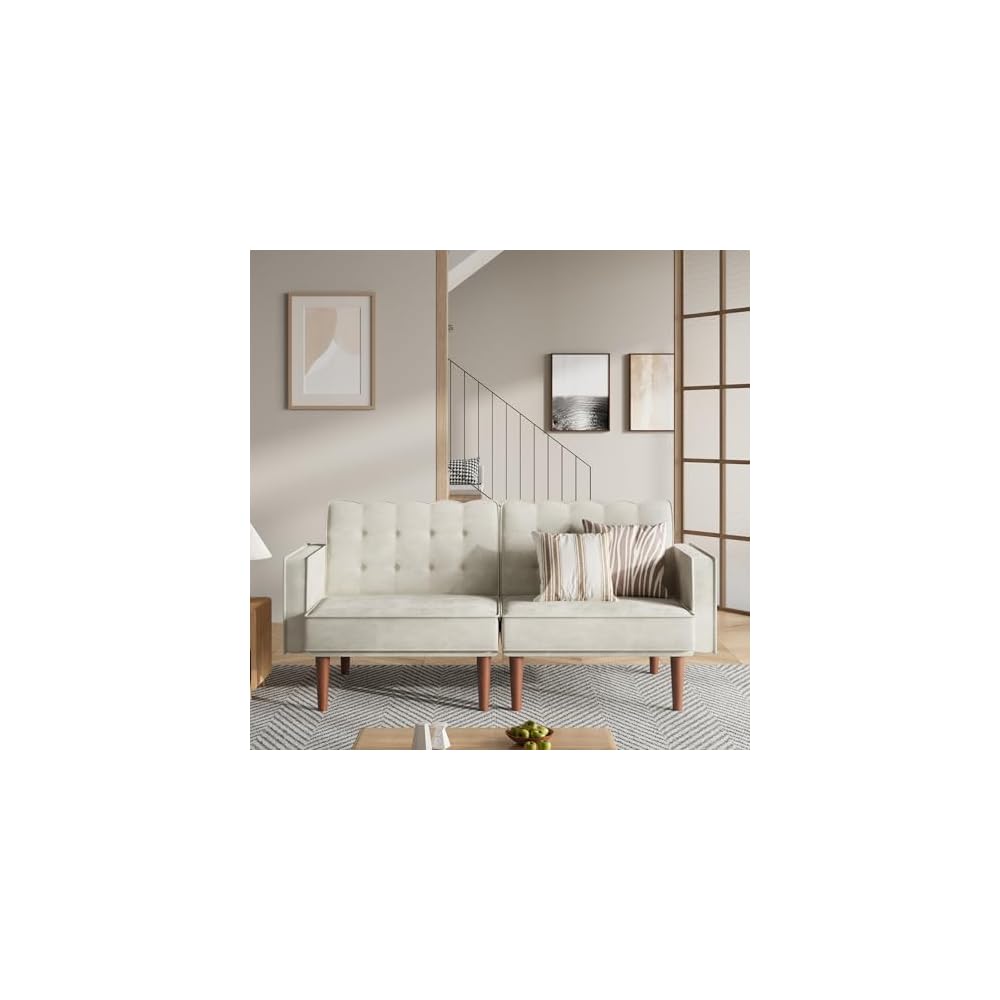 Furnify 71" Velvet Futon Sofa Bed, Versatile Loveseat Couch, Sleeper Sofa with Adjustable Backrest, Mid Century Modern Futon Couch for Small Space, Living Room, Office & Apartment, Velvet Fabric Beige