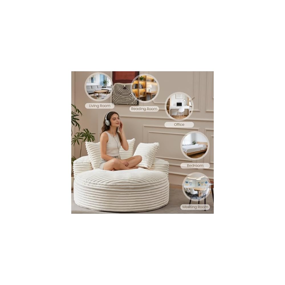 55'' Oversized Round Chair Lounge Chaise Indoor, Upholstered Corduroy Deep Seat Boneless Single Cloud Large Circle Sofa Chair, Fluffy Modern Sleeper Sofa Bed for Reading, Living Room, Bedroom, Beige