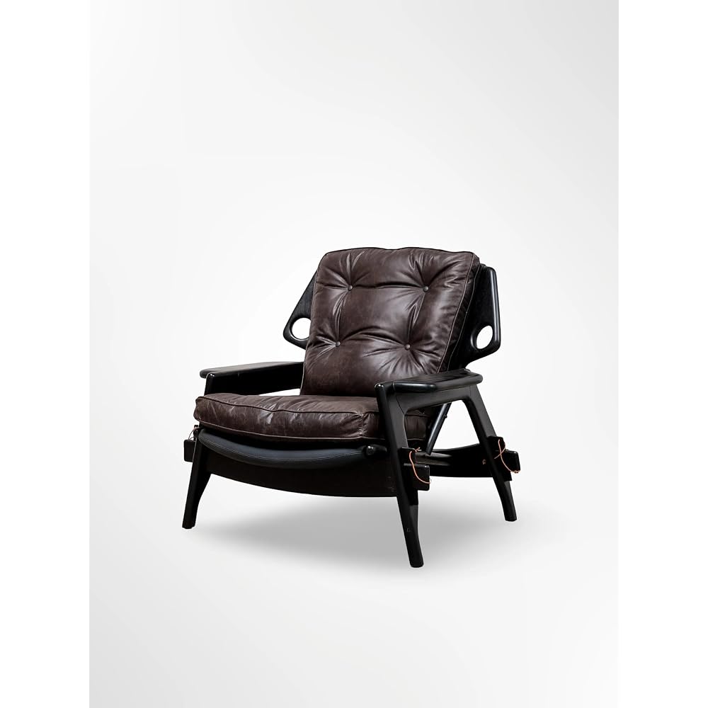 Brown Leather Lounge Chair with Black Wood Frame, Tufted Accent Armchair