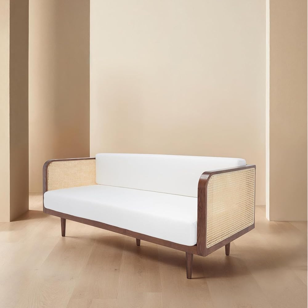 SAFAVIEH Couture Collection - Petroski French Cane Sofa, Walnut Wood Frame with Natural Rattan Sides, Modern Design (DUP1007D)
