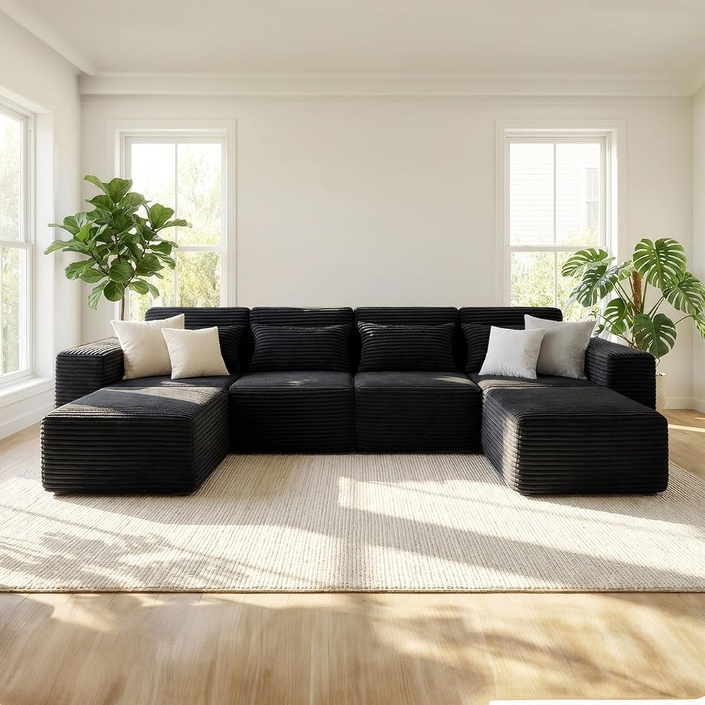 135" Boneless Couch w Deep Seat, Modular U-Shaped Sectional Sofa, Oversized 4-Seater Full-Foam Cloud Couch for Living Room, Compressed Sofa with Movable Ottoman, No Assembly Required, Black Corduroy