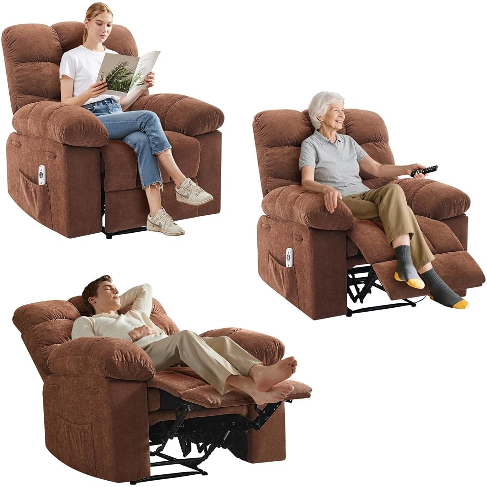 Overstuffed Recliner Rocking Chair with Massage & Heat, Manual Recline with 21.3'' Wide High-Back Linen Armchair, Remote Control, Dual Side Pockets, for Living Room or Bedroom, Brown