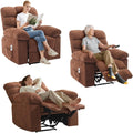 Overstuffed Recliner Rocking Chair with Massage & Heat, Manual Recline with 21.3'' Wide High-Back Linen Armchair, Remote Control, Dual Side Pockets, for Living Room or Bedroom, Brown