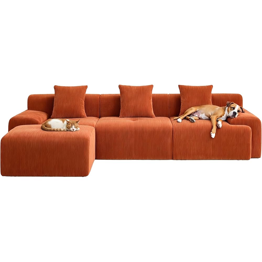 118.1" Modular Sectional Cloud Sofa, L-Shaped Modular Sofa with Ottoman, Deep Seat Corduroy Sectional Couch Bed, Convertible Tufted Boneless Sofa, No Assembly Required for Living Room, Orange