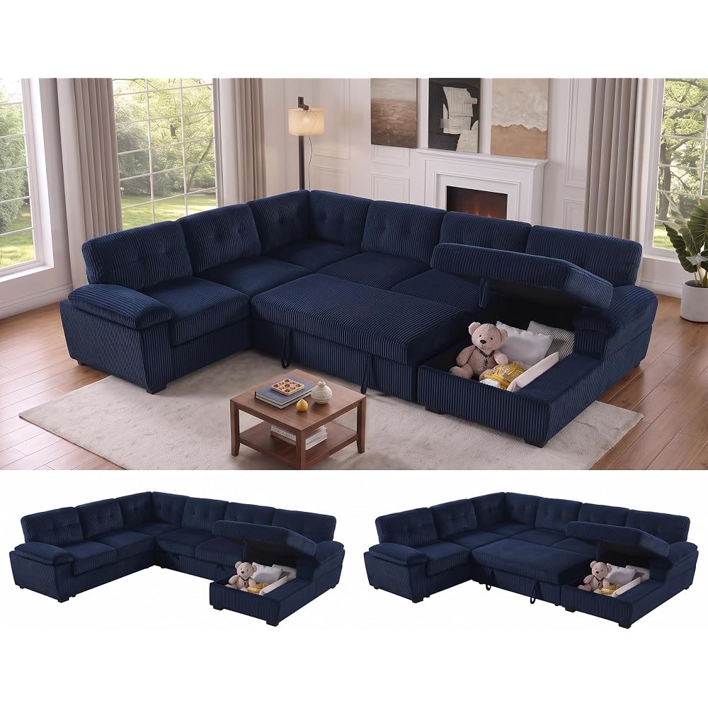 asunflower Corduroy Couch with Pull Out Bed 118" U Shaped Sleeper Sofa with Storage Chaise Navy Blue Modular Sectional Sofa for Living Room Apartment 6-7 Seater Oversized Sofa Bed