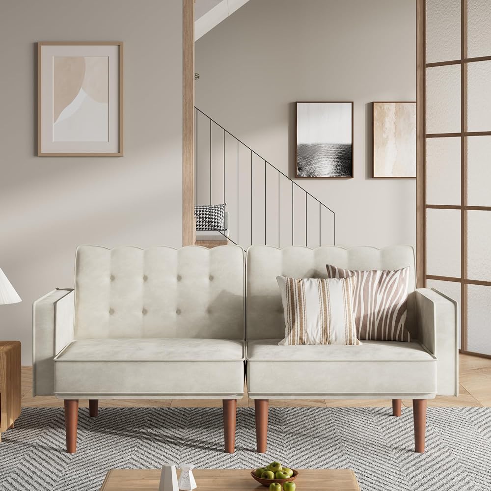 Furnify 71" Velvet Futon Sofa Bed, Versatile Loveseat Couch, Sleeper Sofa with Adjustable Backrest, Mid Century Modern Futon Couch for Small Space, Living Room, Office & Apartment, Velvet Fabric Beige